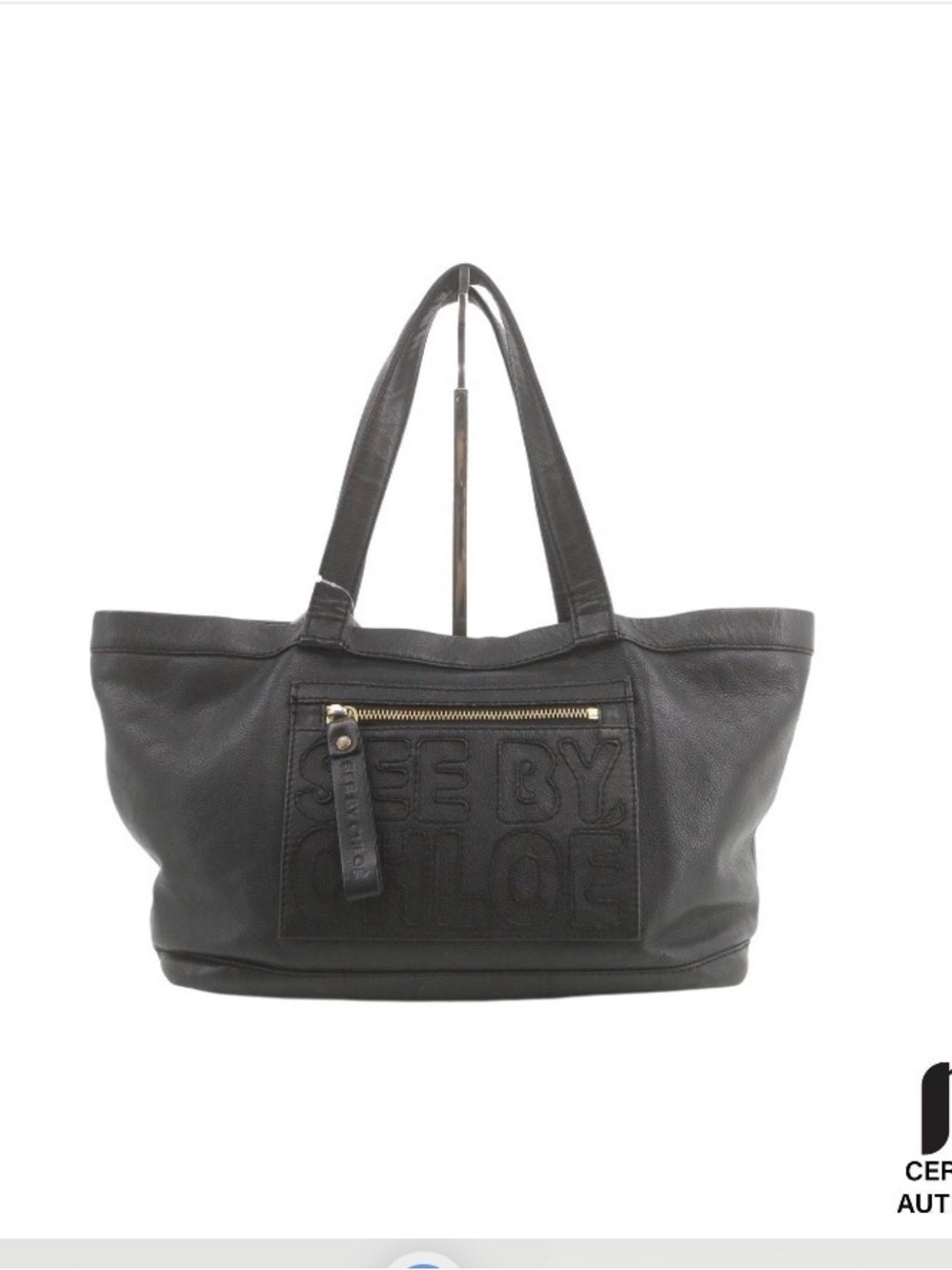 See By Chloe Black Embossed Leather Tote with Front Zip Pocket